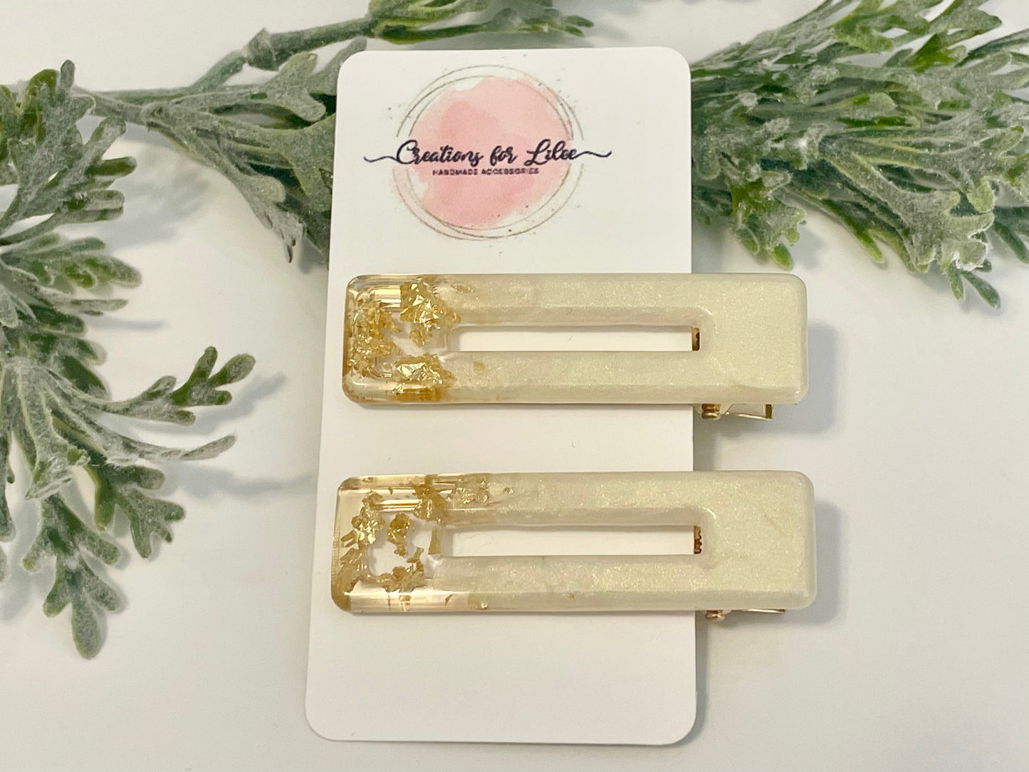 Resin Hair Clips - Pearl White & Gold