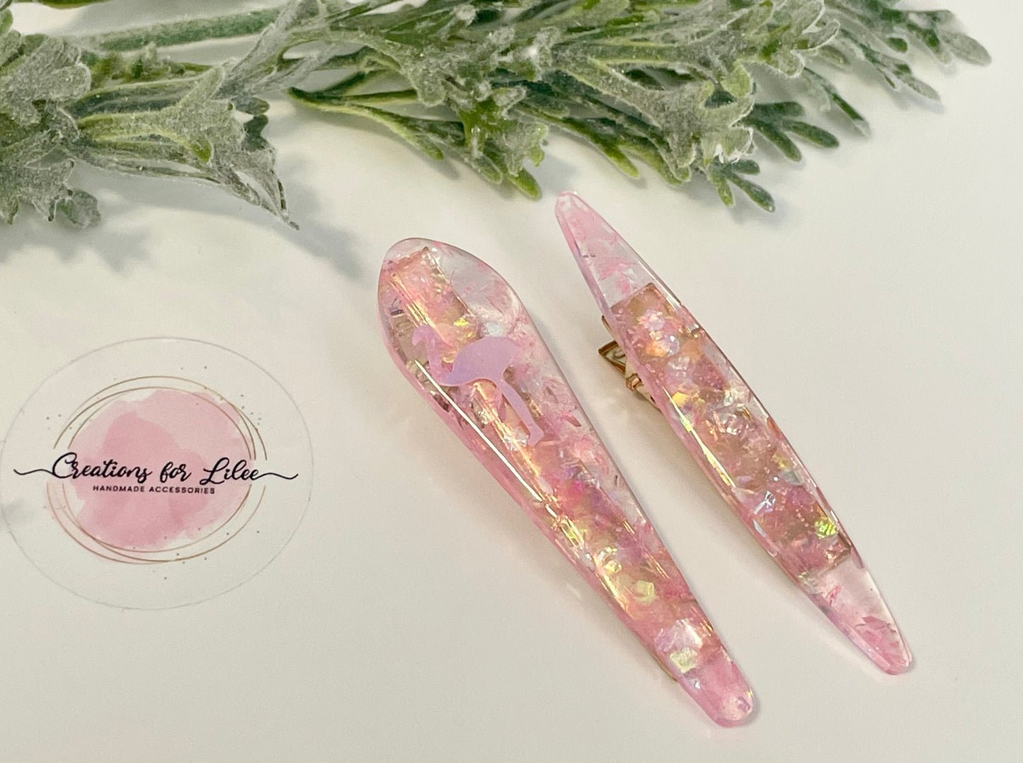 Resin Hair Clips - Pink Glitter Flamingos