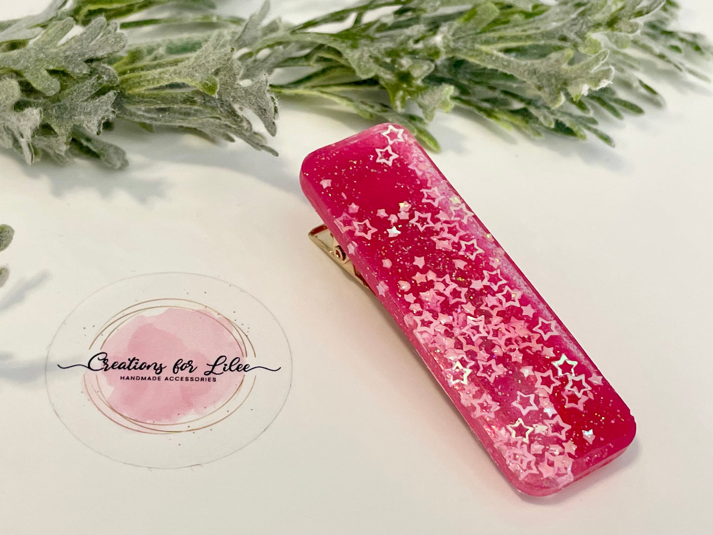 Resin Hair Clips - Pinkish Red w/ Stars & Hearts