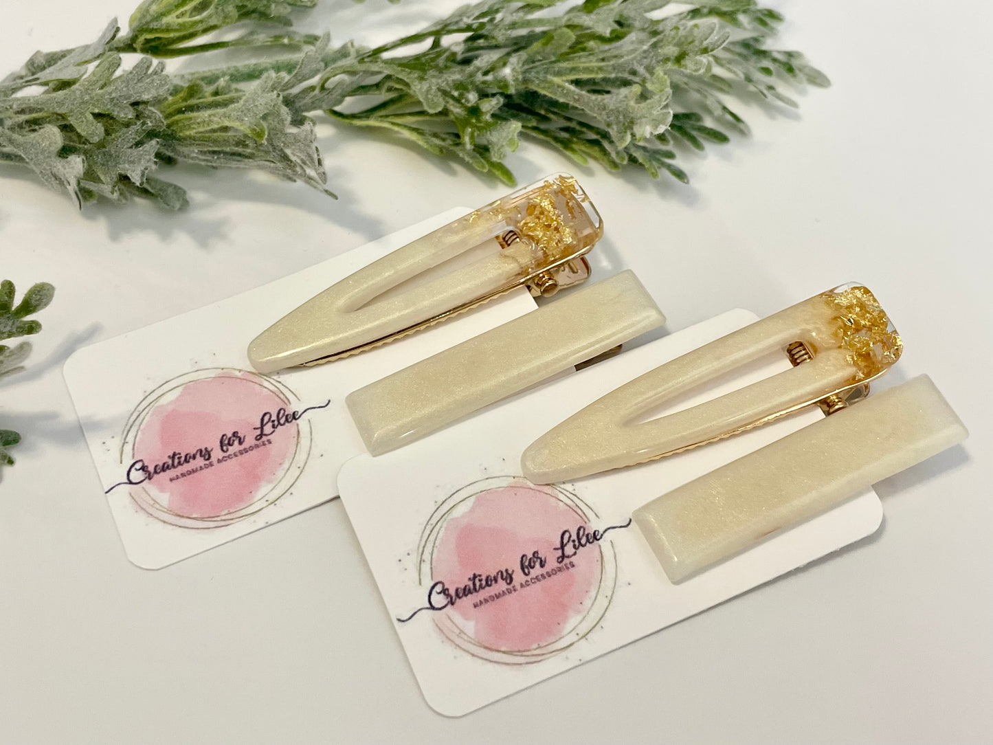 Resin Hair Clips - Pearl White & Gold