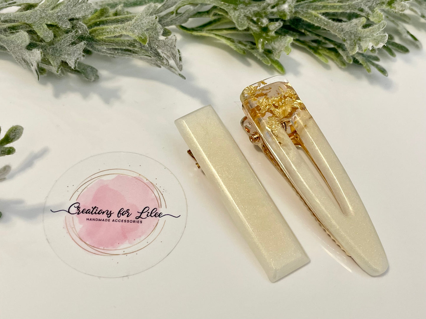 Resin Hair Clips - Pearl White & Gold