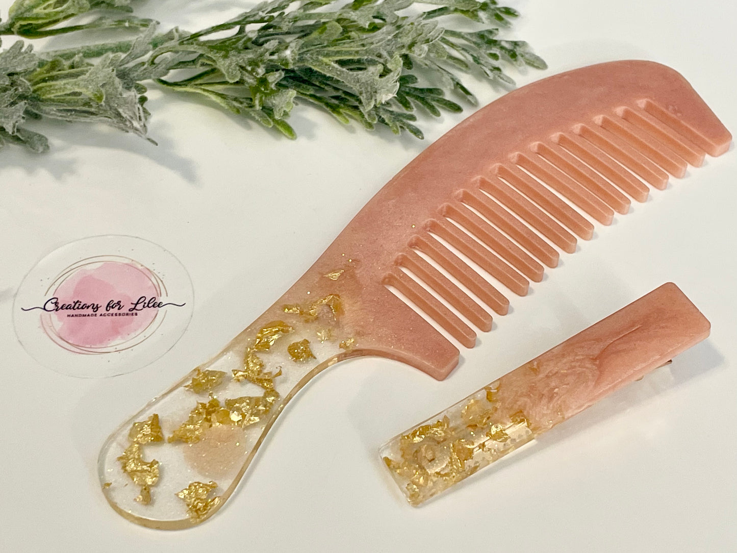 Resin Comb & Hair Clip - Pink, Gold & Glitter