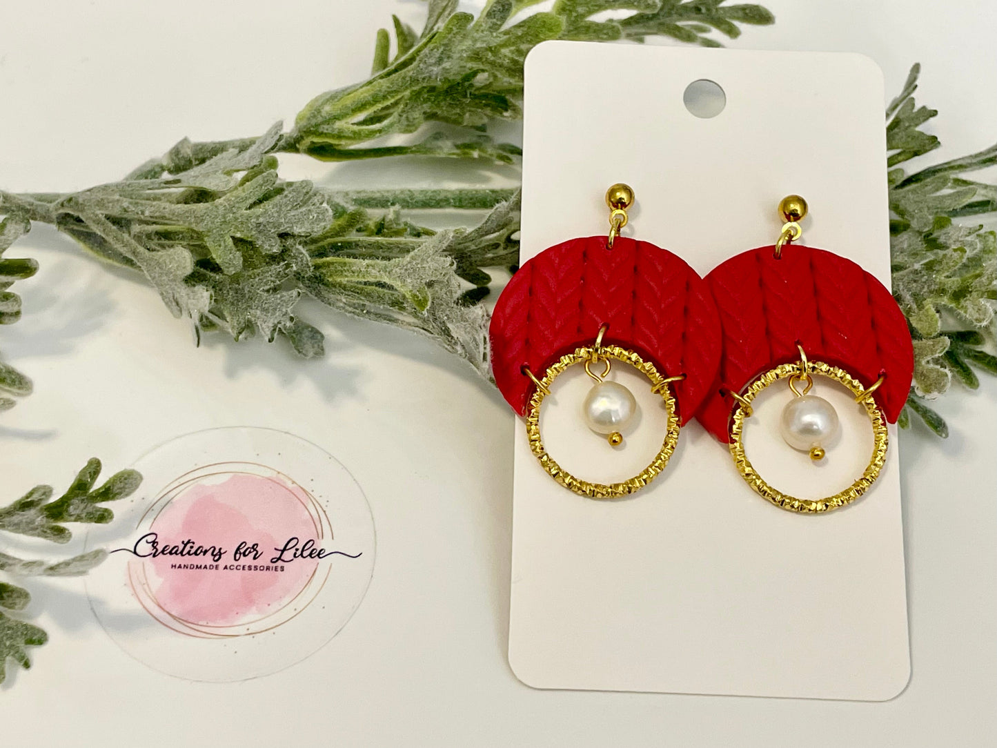 Clay Earrings - Red Knitted Earrings w/ Pearls