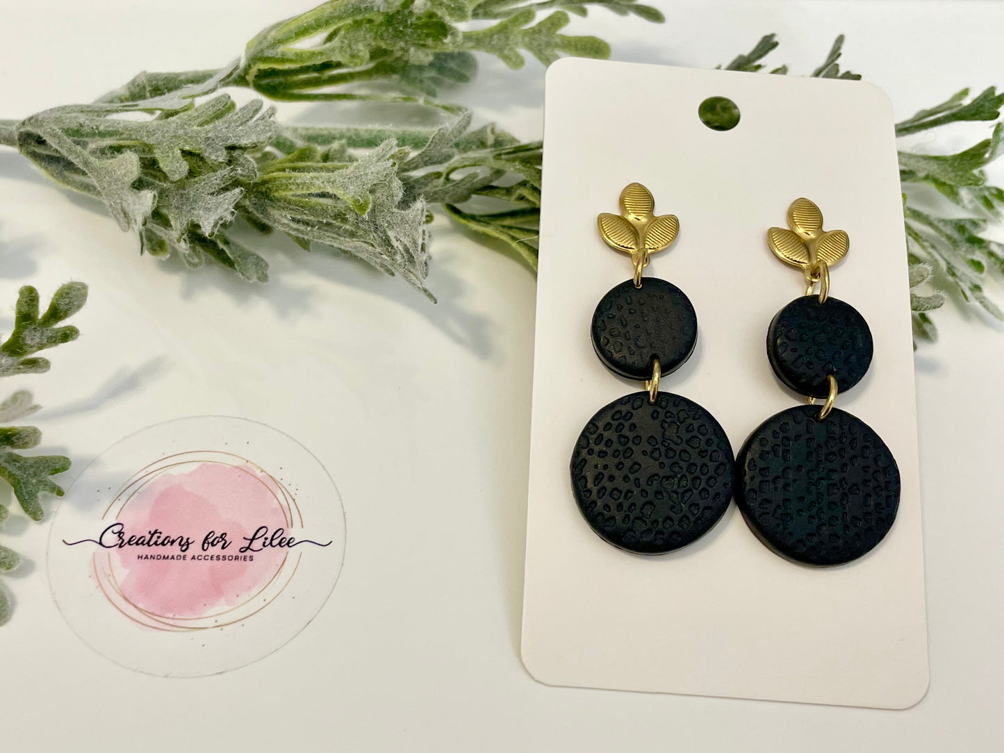 Clay Earrings - Black Earrings w/ Leafy Gold Studs