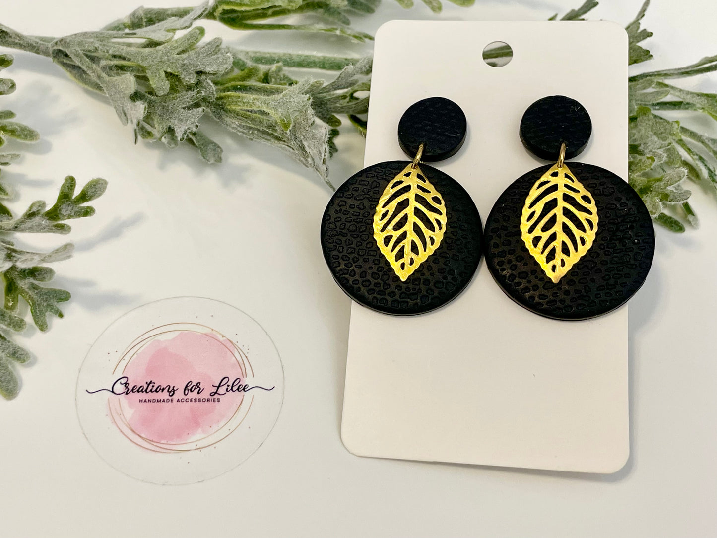 Clay Earrings - Black Earrings w/ Gold Leaf