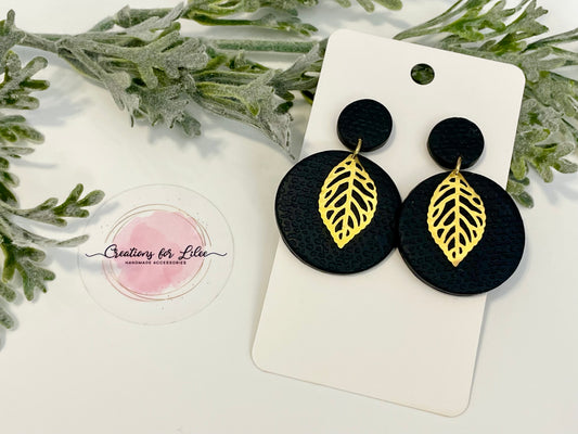 Clay Earrings - Black Earrings w/ Gold Leaf