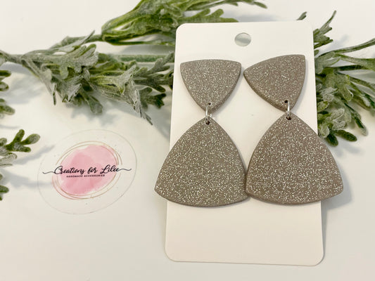 Clay Earrings - Large Triangular Silver Glitter Earrings