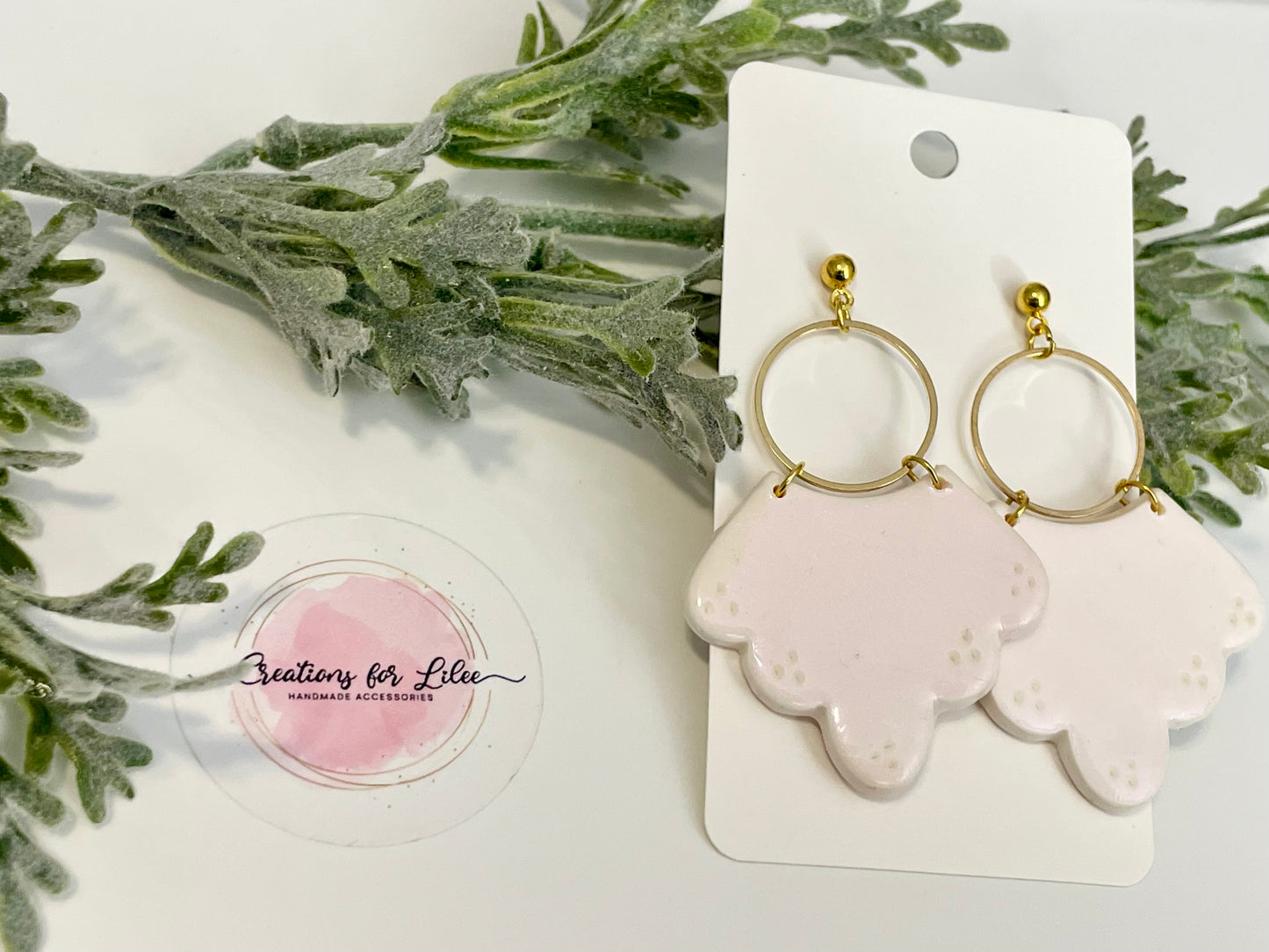 Clay Earrings - White Mica Scalloped Earrings