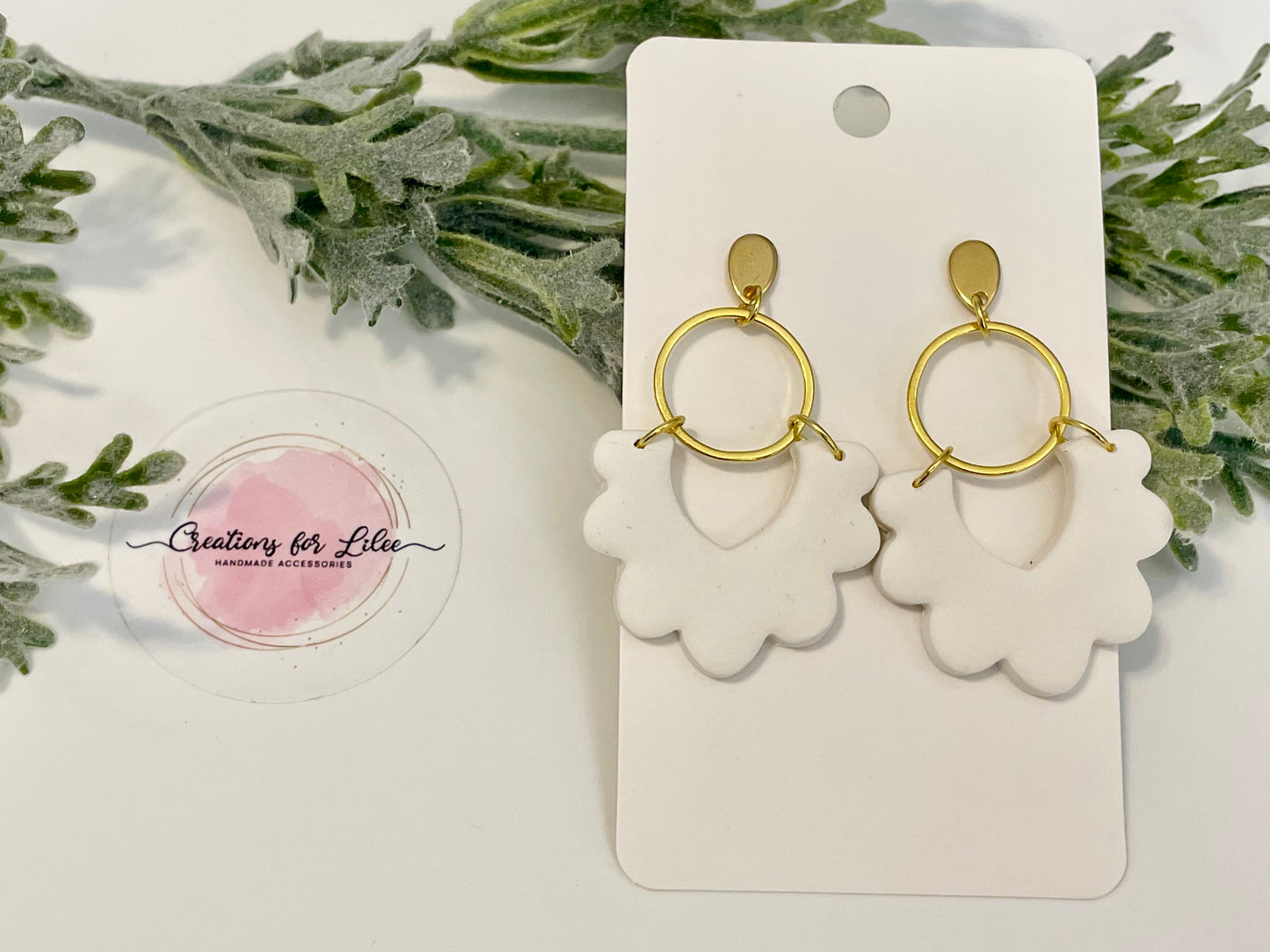 Clay Earrings - White Scalloped Arch Earrings