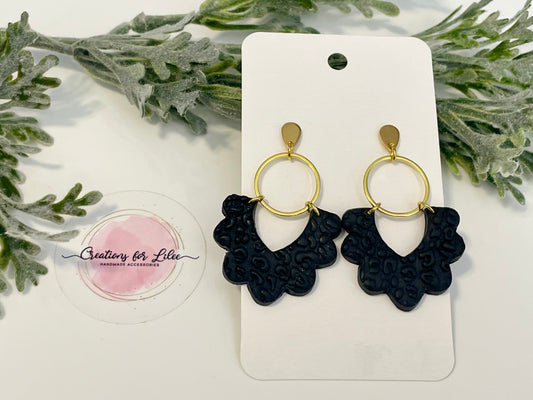 Clay Earrings - Black Leopard Textured Scalloped Arch Earrings