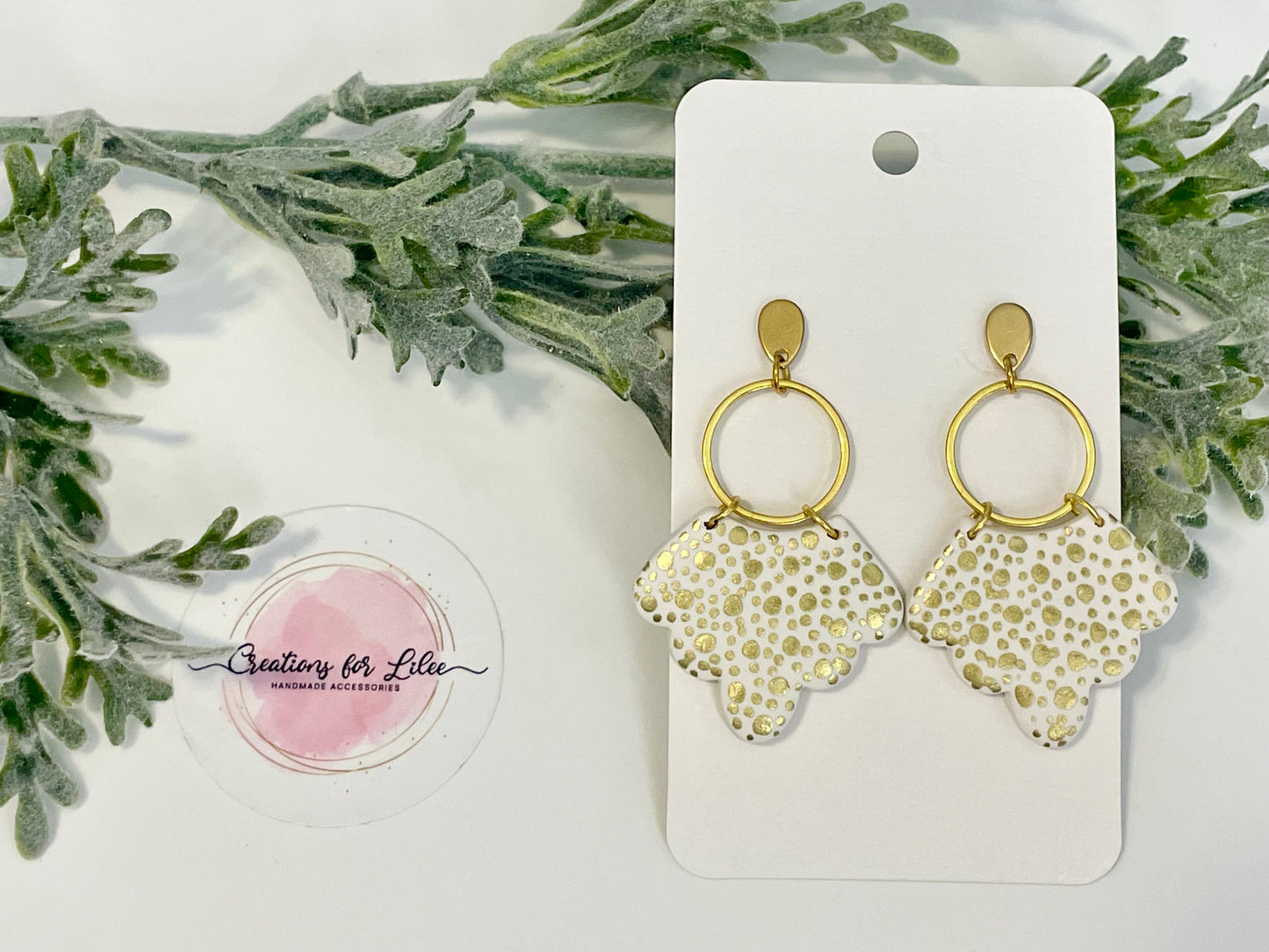 Clay Earrings - White & Gold Scalloped Earrings