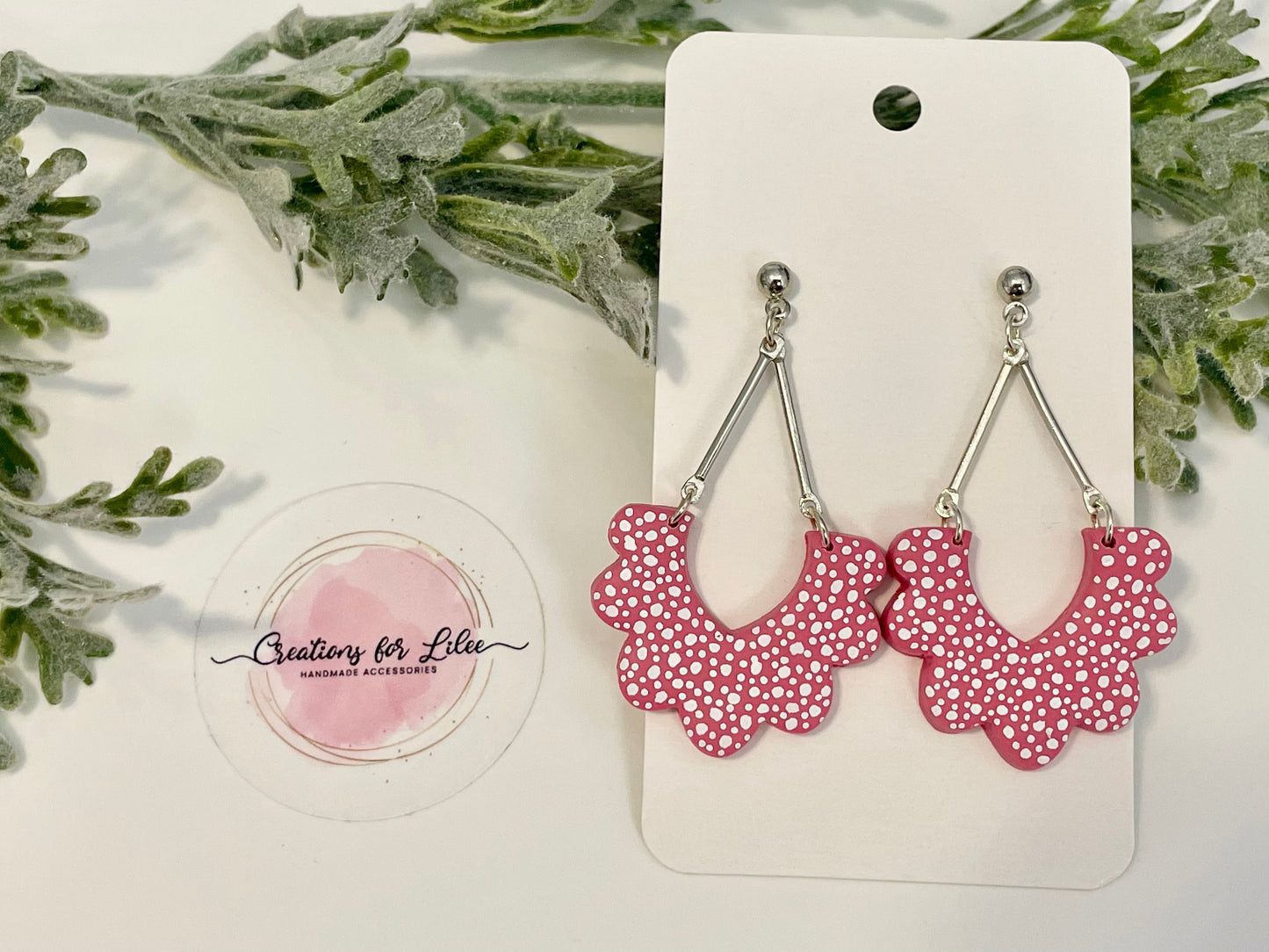 Clay Earrings - Pink & White Scalloped Arch Earrings