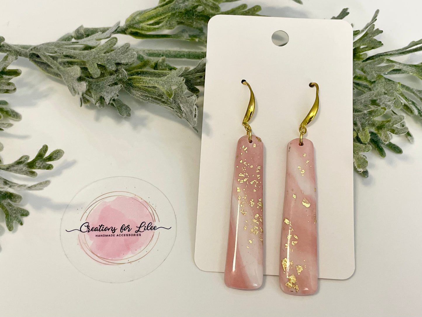 Clay Earrings - Pink & Gold Leaf Earrings