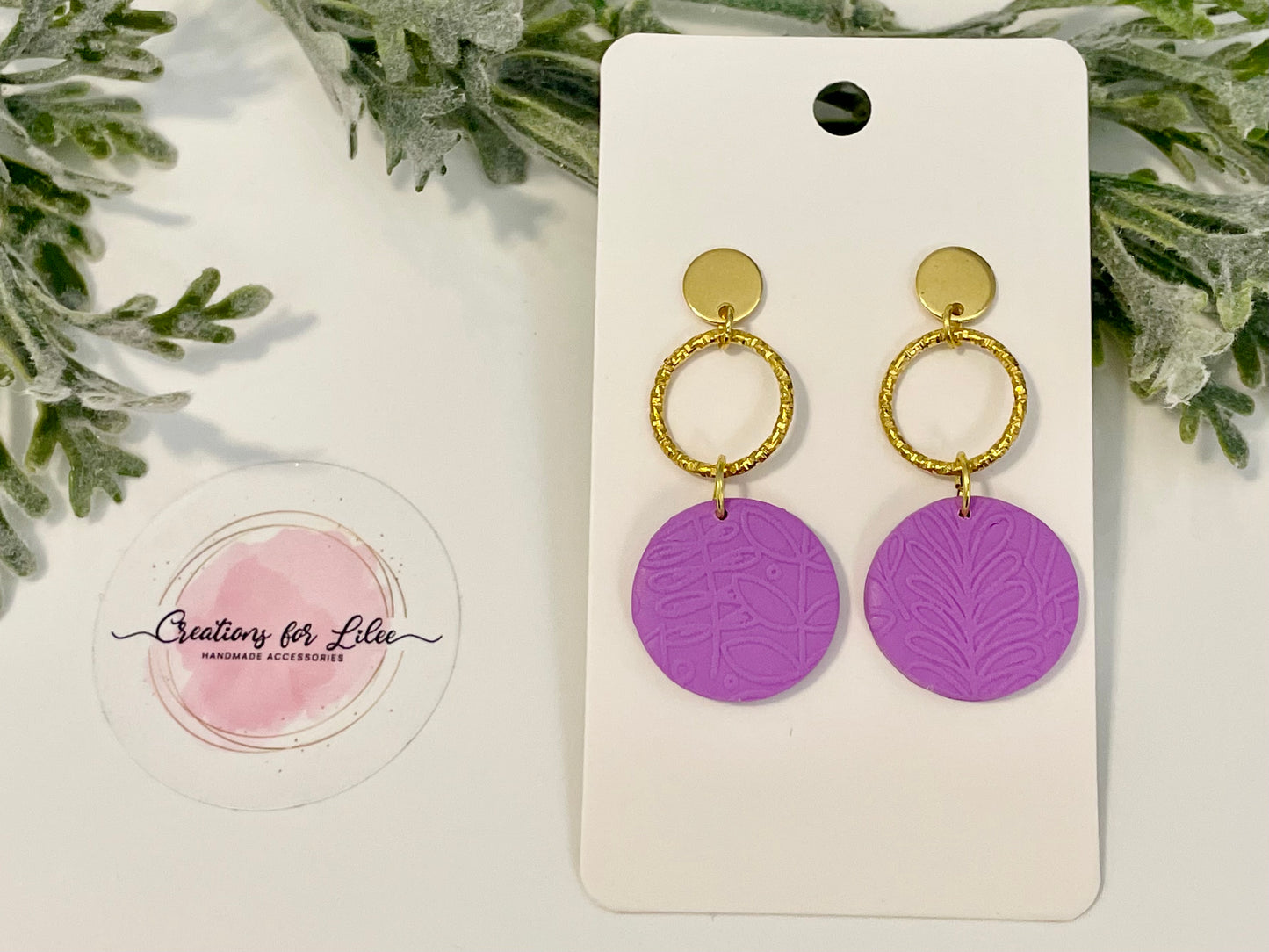 Clay Earrings - Light Purple Earrings w/ Floral Texture