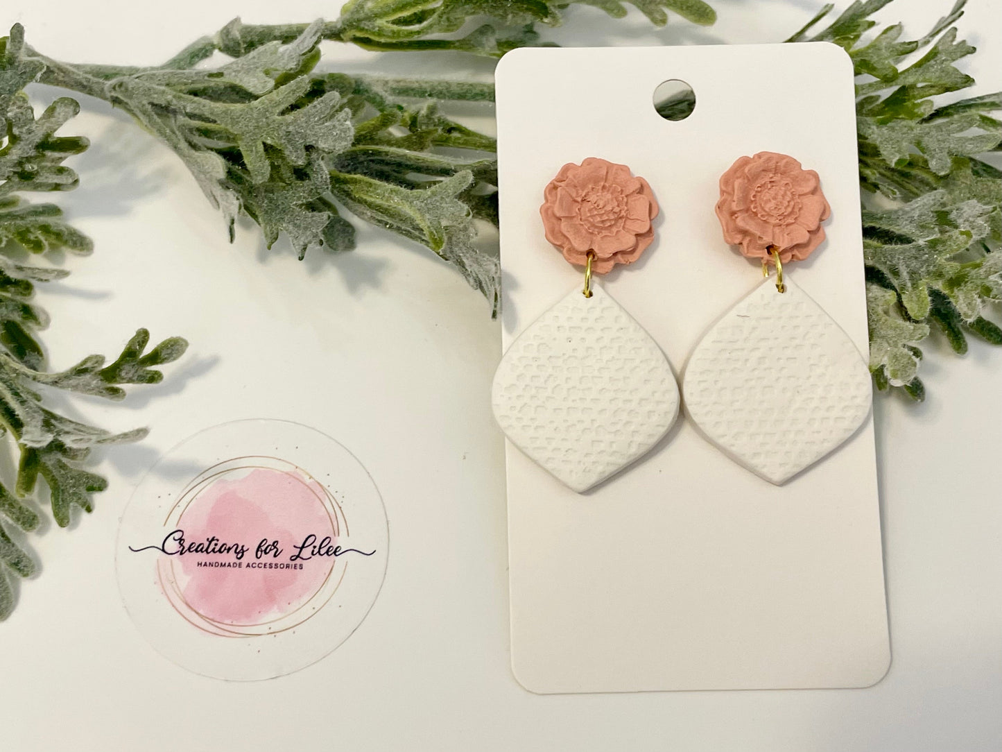 Clay Earrings - Peachy Flower & White Petal Shaped Earrings