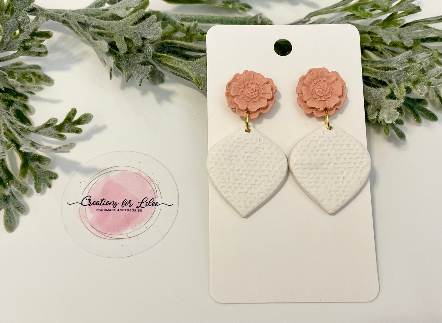 Clay Earrings - Peachy Flower & White Petal Shaped Earrings