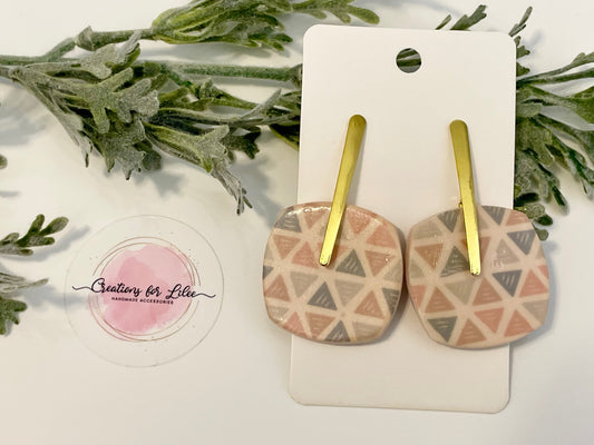 Clay Earrings - Boho Beige Bar Post  Earrings w/ Rounded Squares