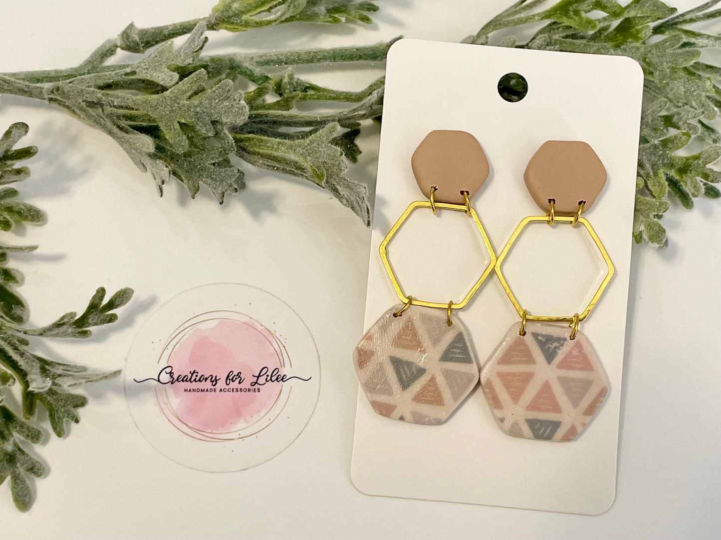 Clay Earrings - Boho Beige Hexagon Earrings