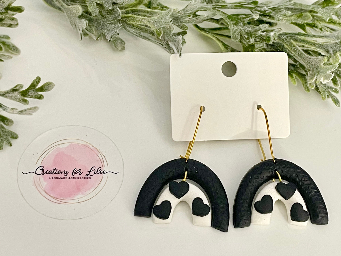 Clay Earrings - Black & White Rainbows Earrings w/ Hearts