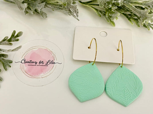 Clay Earrings - Light Teal Textured Petal Hoops