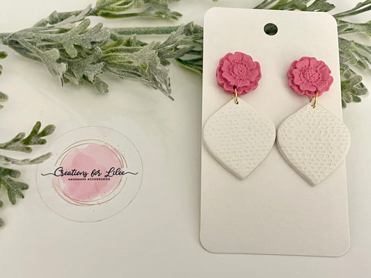 Clay Earrings - Pink Flower & White Petal Shaped Earrings