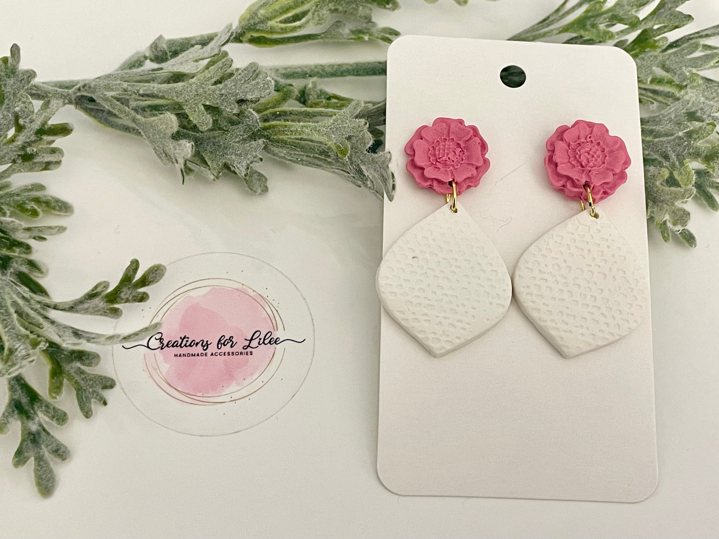 Clay Earrings - Pink Flower & White Petal Shaped Earrings