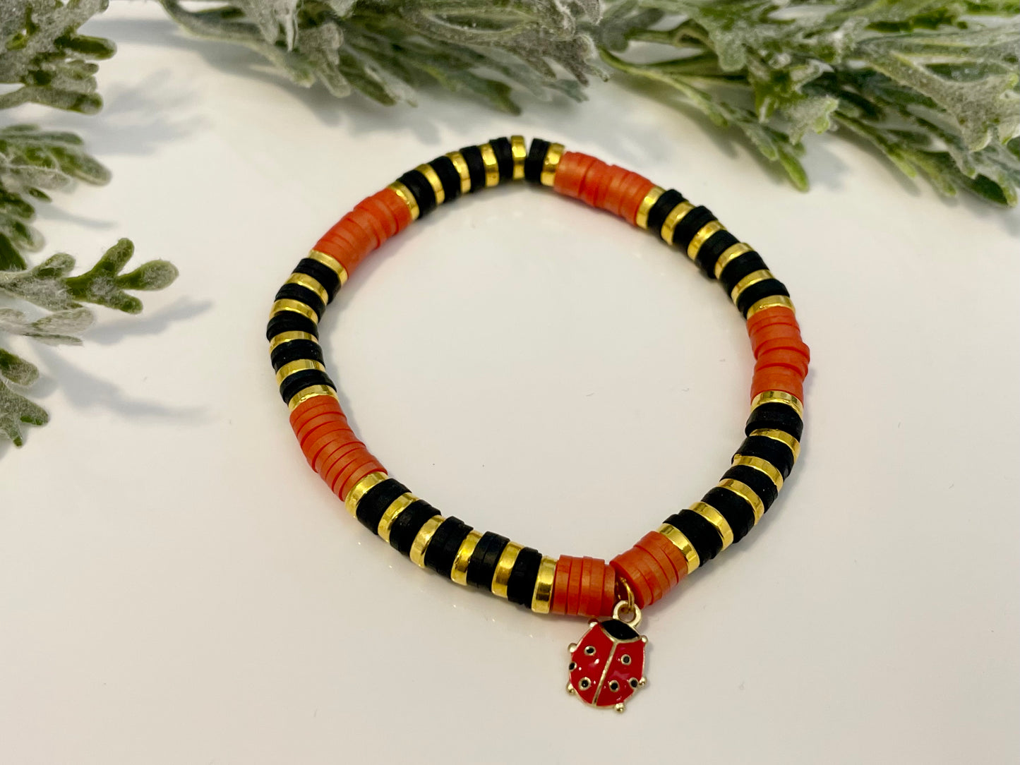 Heishi Stack Bracelets - Metallic Red w/ Ladybug Charm