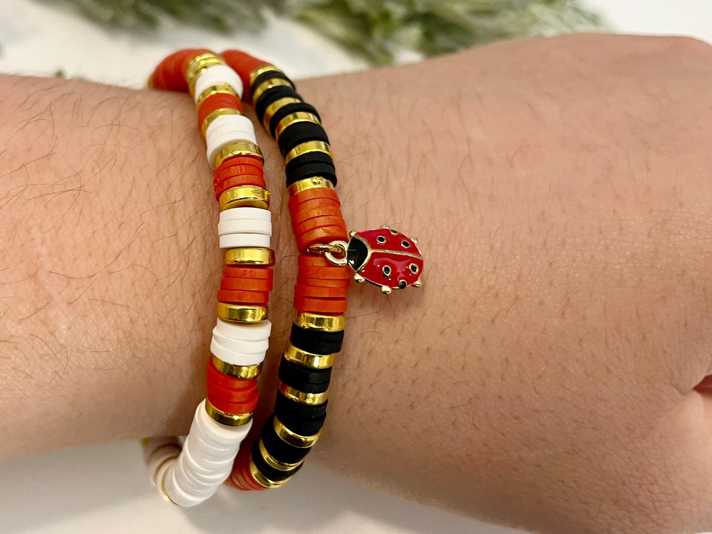 Heishi Stack Bracelets - Metallic Red w/ Ladybug Charm