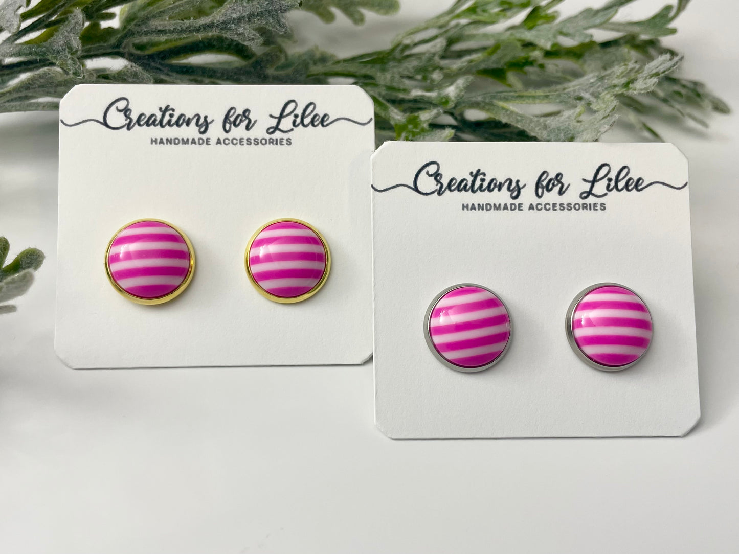 Glass Cabochon Stud Earrings - Pink & White Stripes