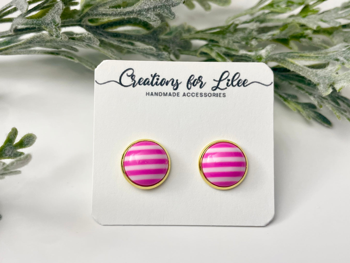 Glass Cabochon Stud Earrings - Pink & White Stripes