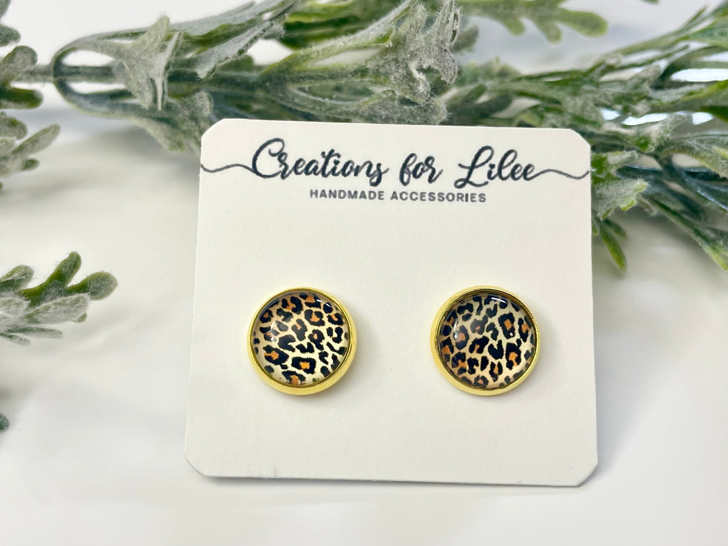 Glass Cabochon Stud Earrings - Leopard