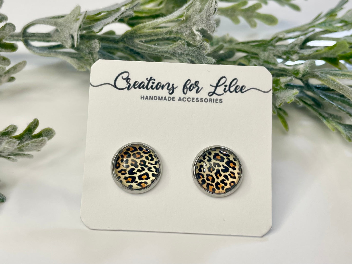 Glass Cabochon Stud Earrings - Leopard