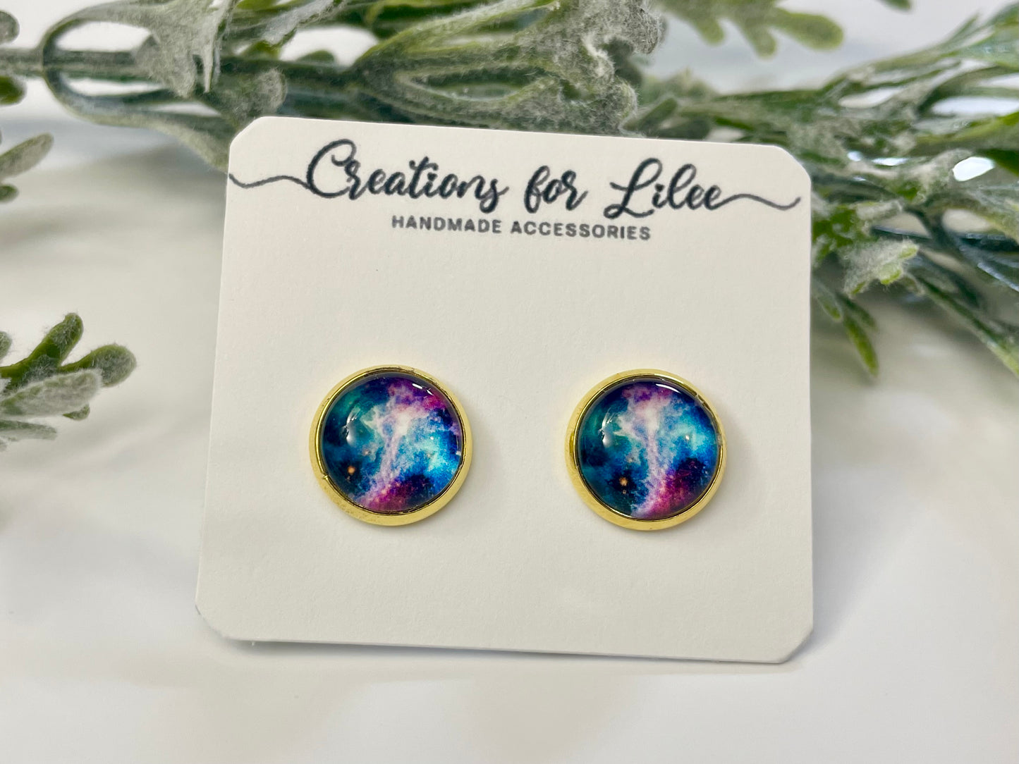 Glass Cabochon Stud Earrings - Galaxy