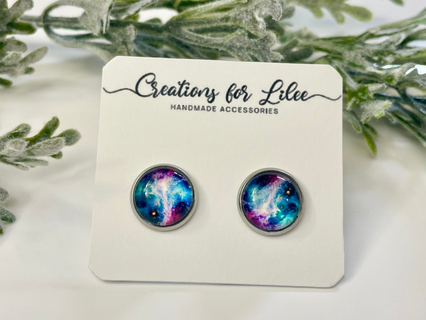 Glass Cabochon Stud Earrings - Galaxy