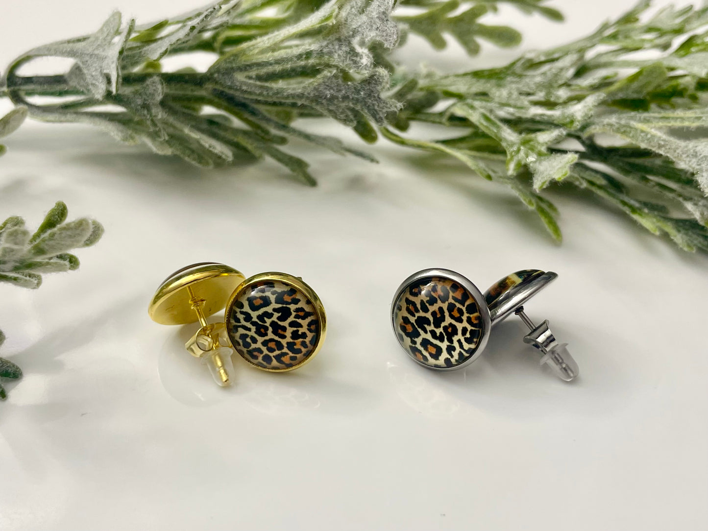 Glass Cabochon Stud Earrings - Leopard