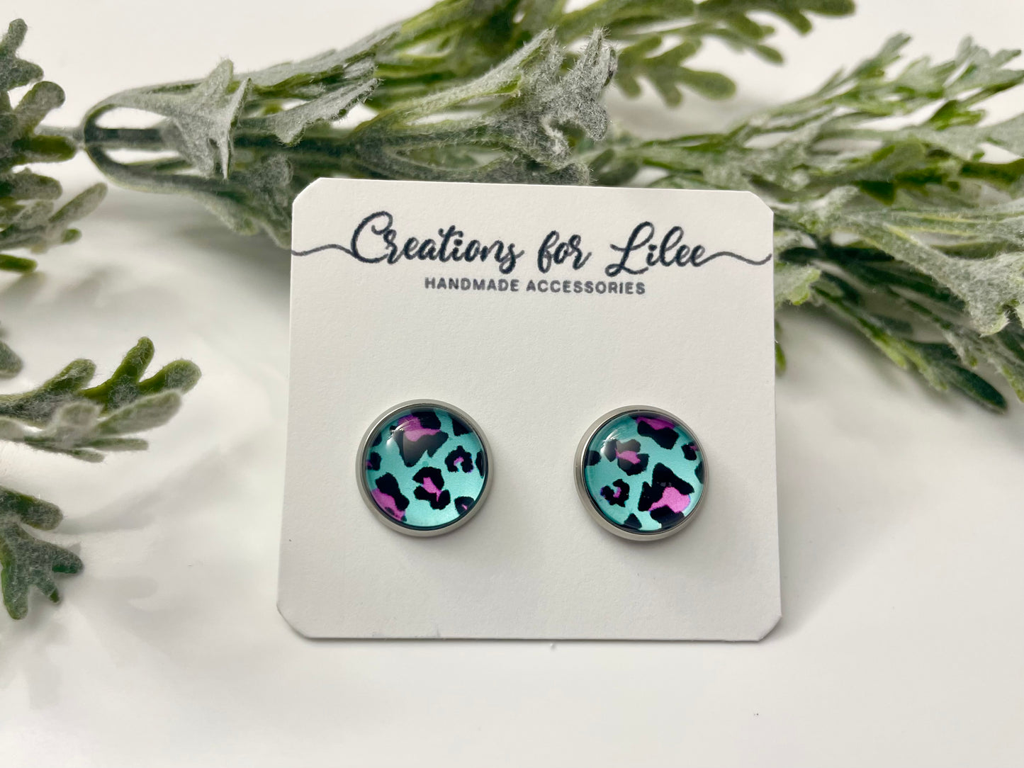 Glass Cabochon Stud Earrings - Teal with Pink Leopard