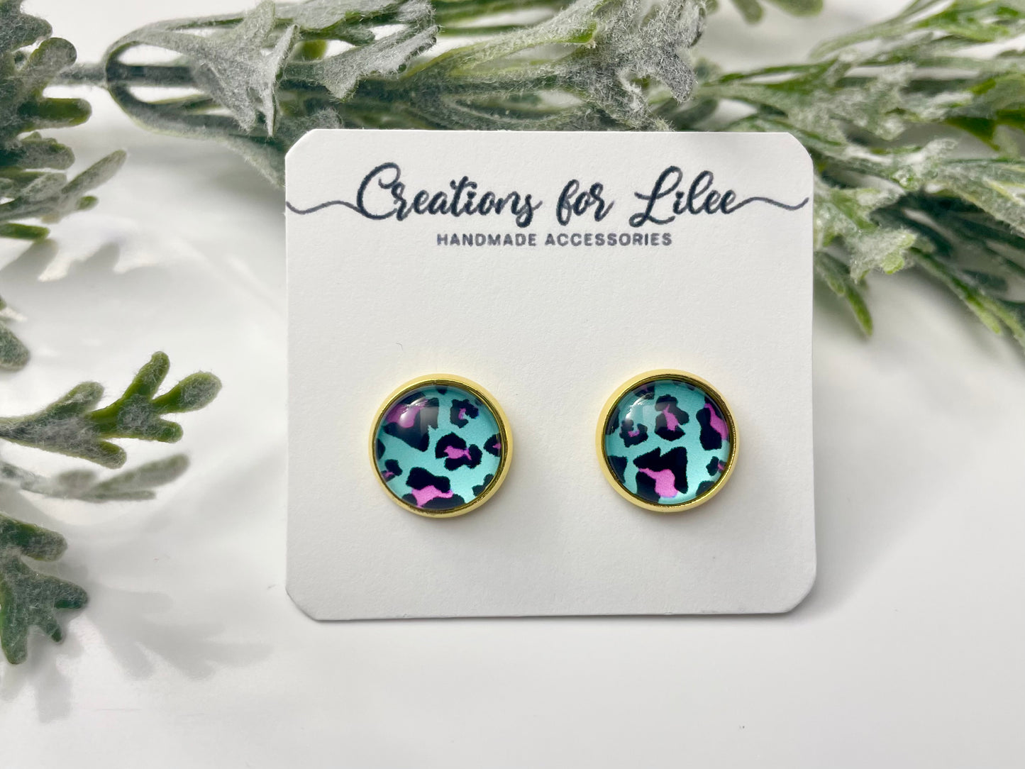 Glass Cabochon Stud Earrings - Teal with Pink Leopard