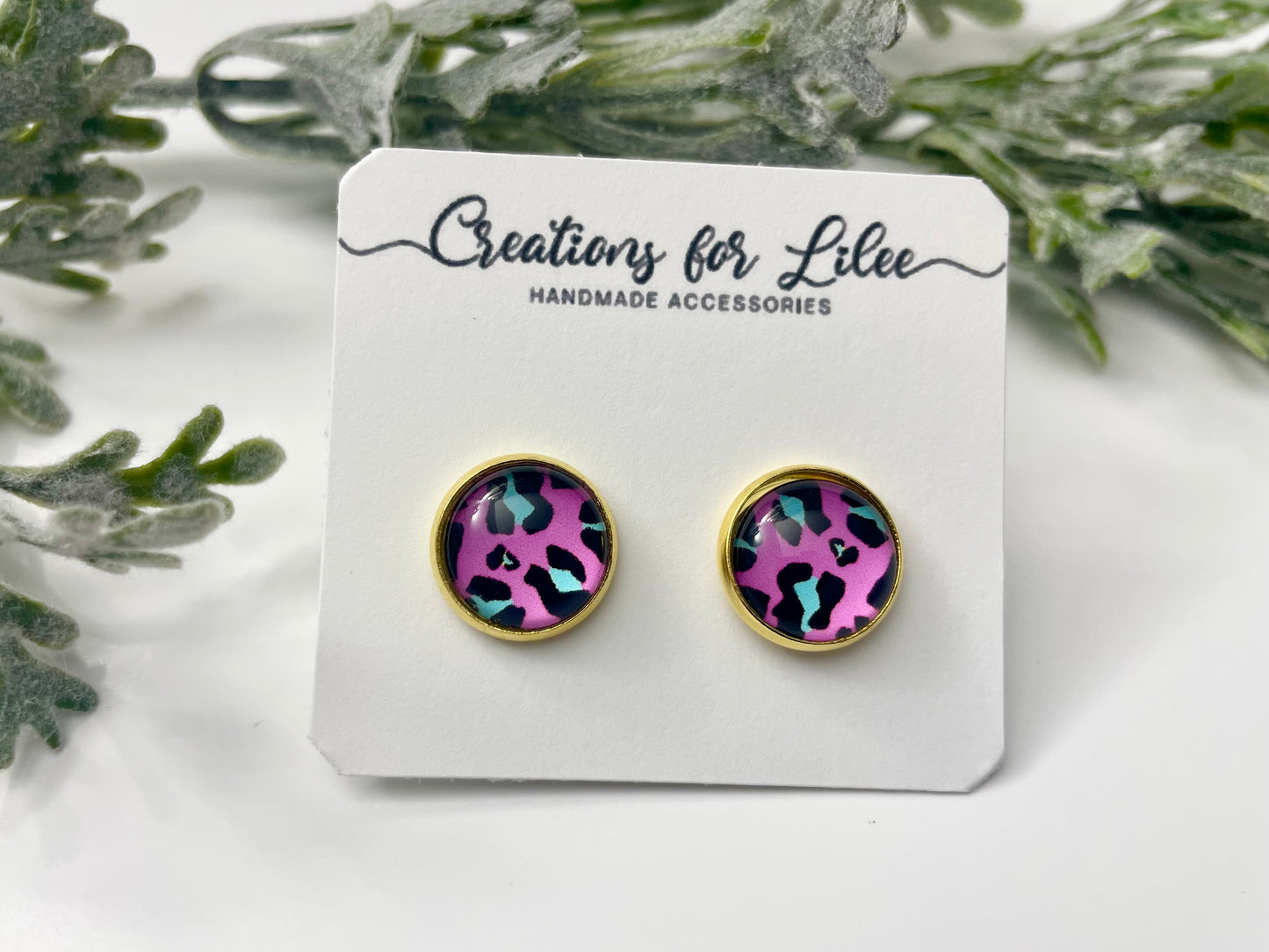 Glass Cabochon Stud Earrings - Pink with Teal Leopard