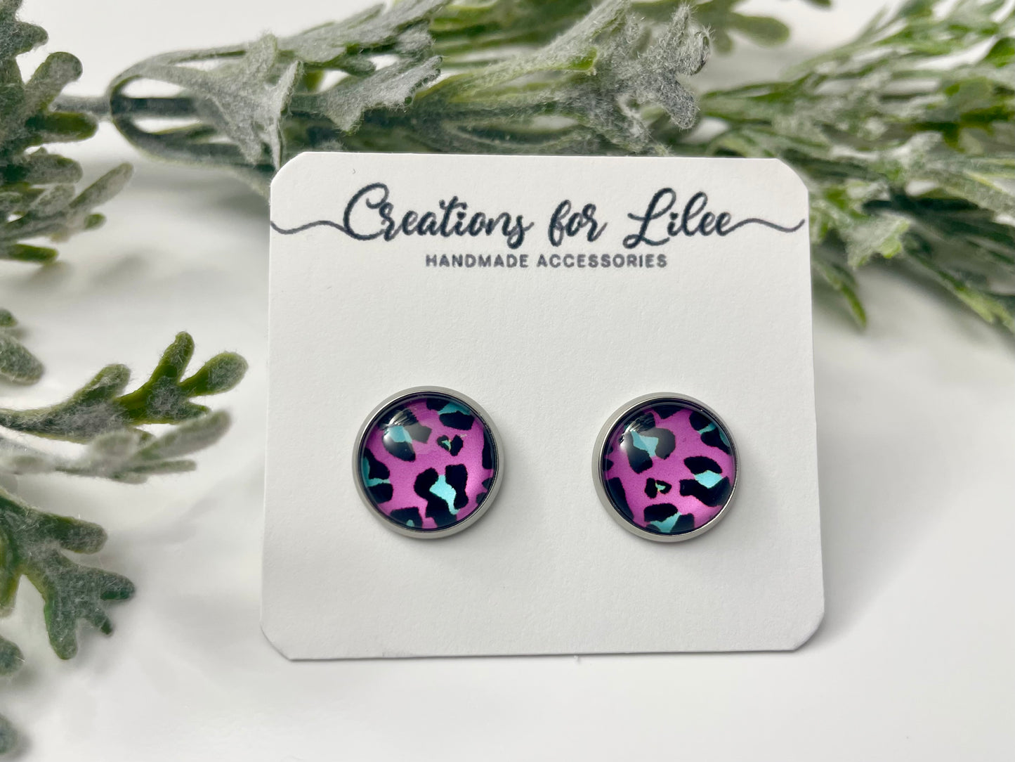 Glass Cabochon Stud Earrings - Pink with Teal Leopard