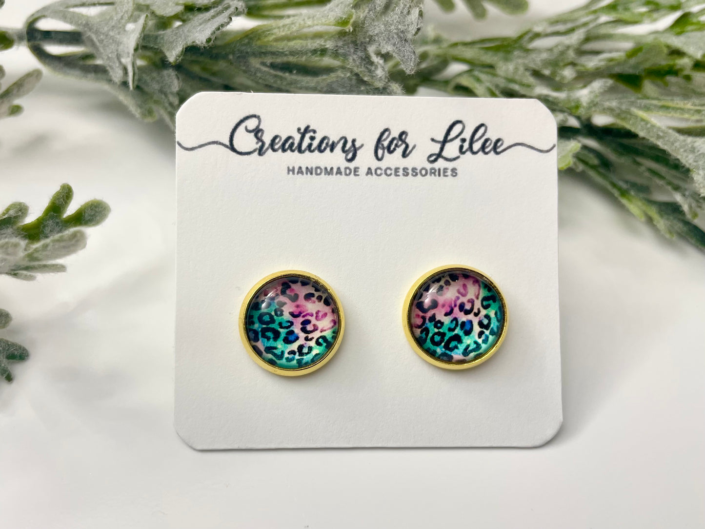 Glass Cabochon Stud Earrings - Pink & Teal Leopard