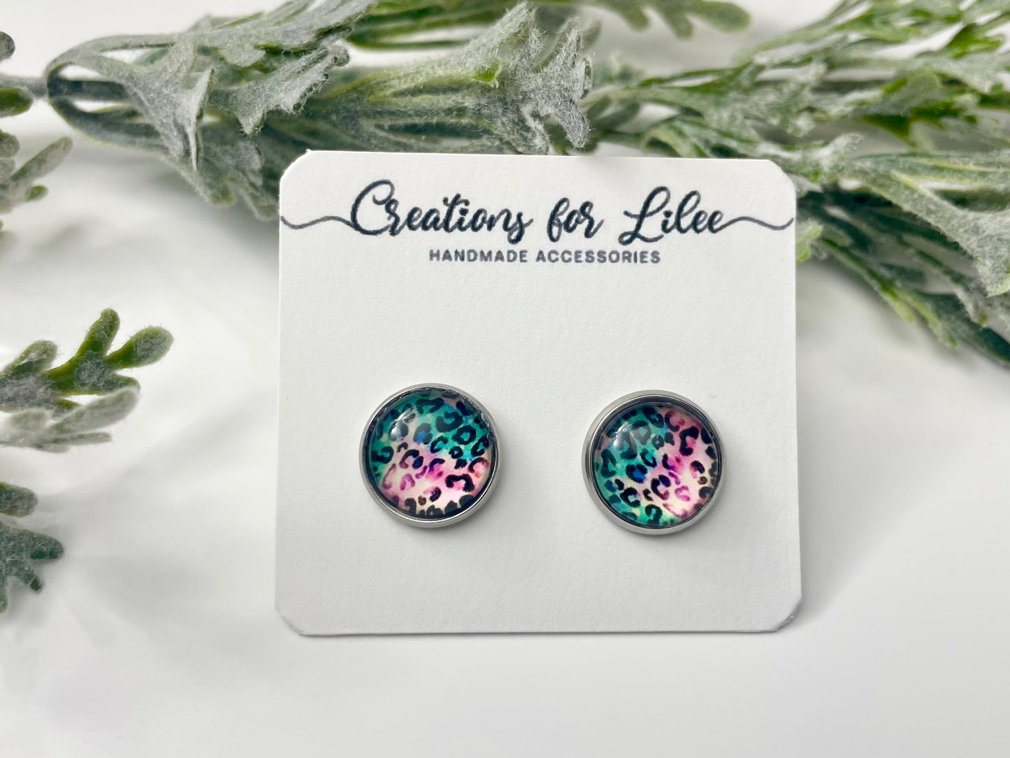 Glass Cabochon Stud Earrings - Pink & Teal Leopard