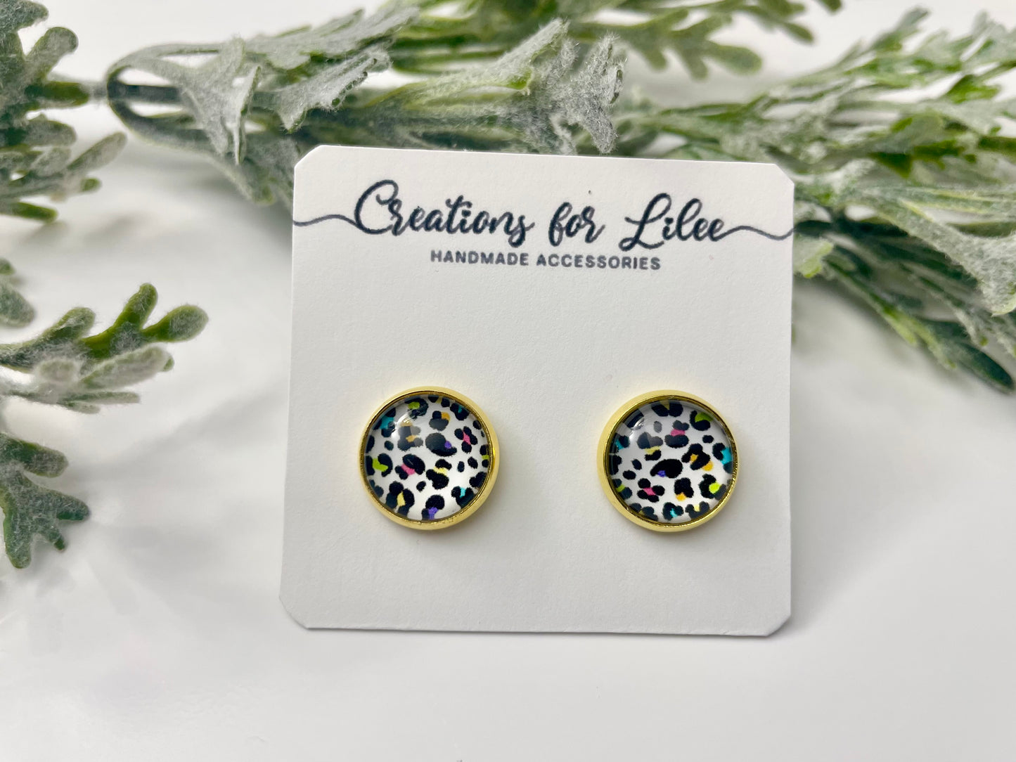 Glass Cabochon Stud Earrings - Colorful Leopard