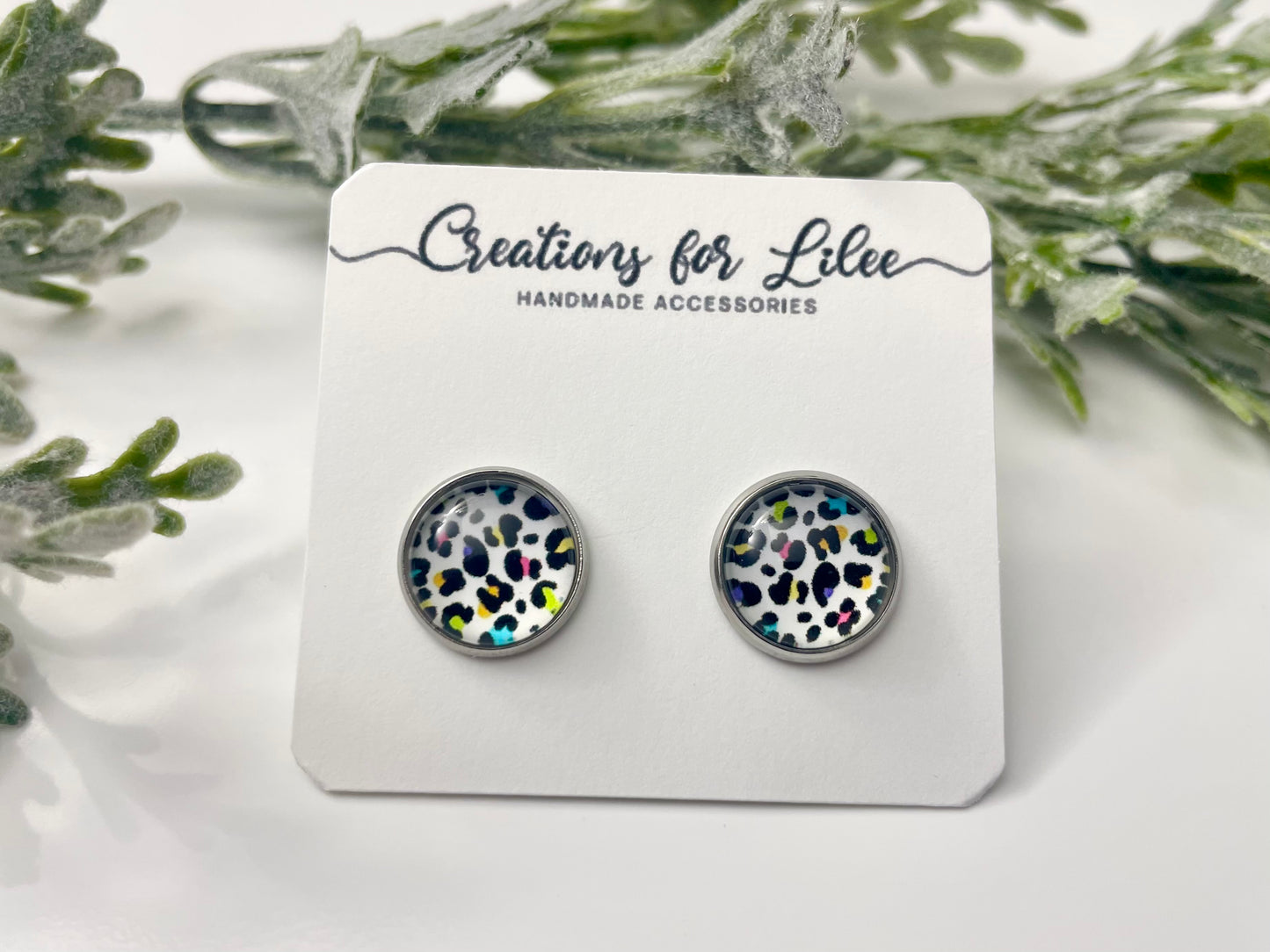 Glass Cabochon Stud Earrings - Colorful Leopard