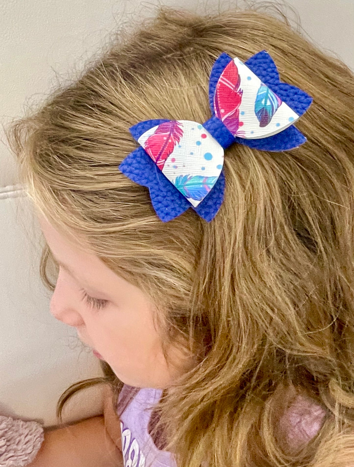 Hair Bows - Blue & Feathers