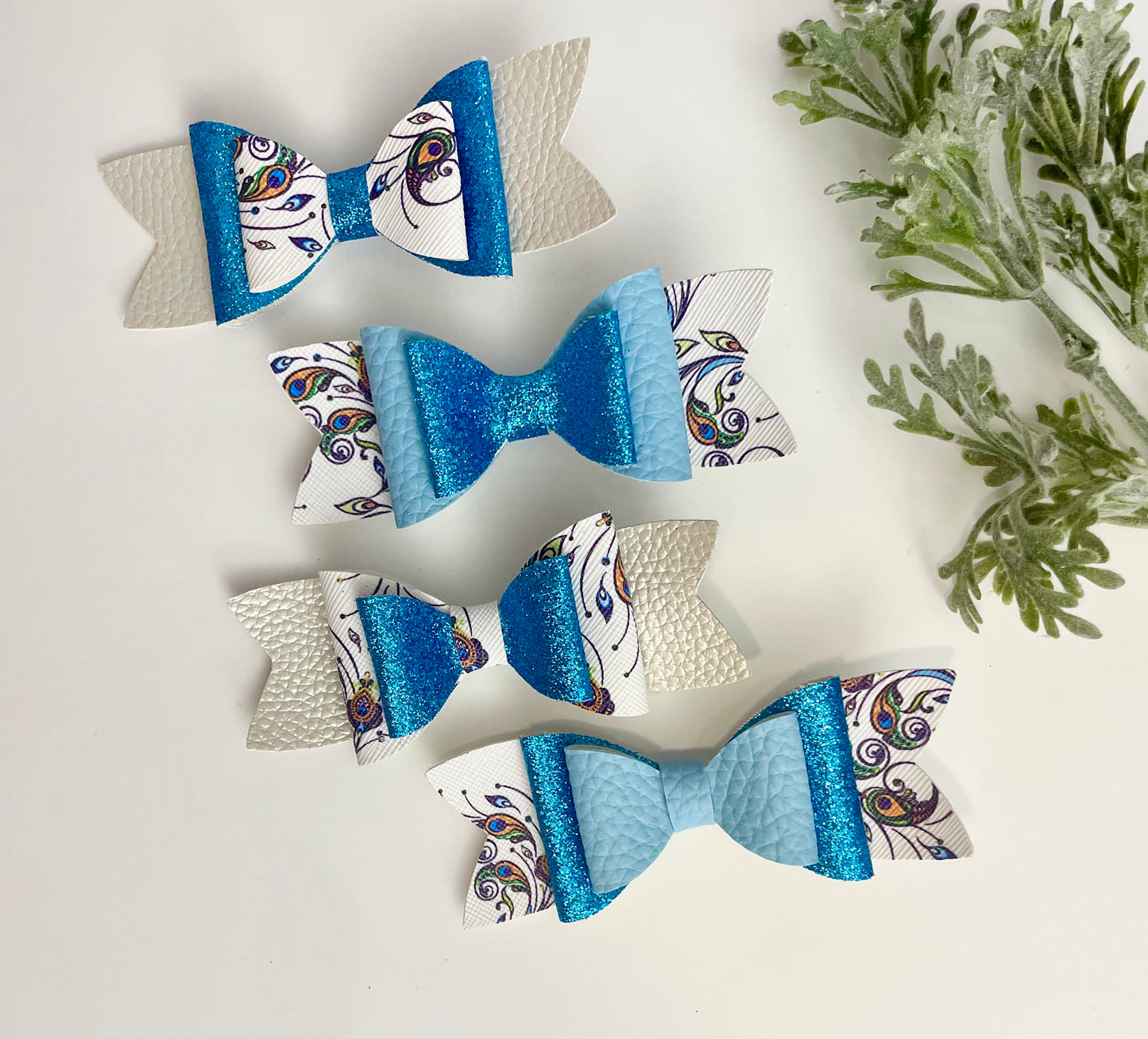 Hair Bows - Blue, Sparkles & Peacock