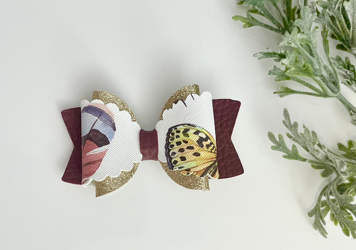 Hair Bow - Burgundy, Butterflies & Gold