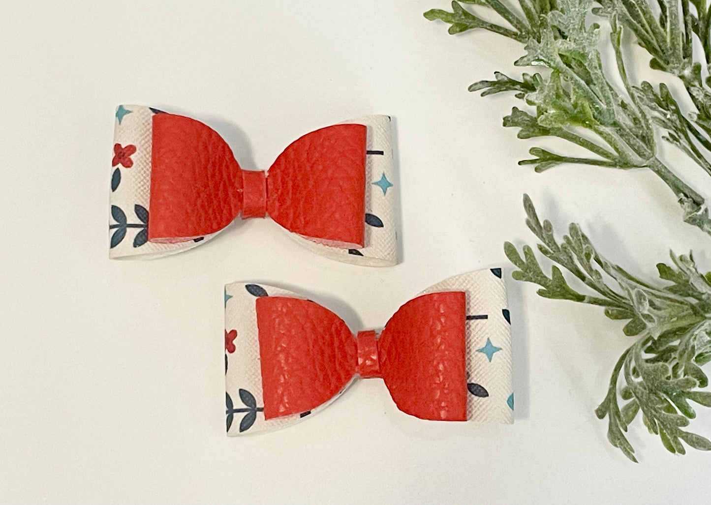 2-Layer Pigtail Bows - Red & Floral