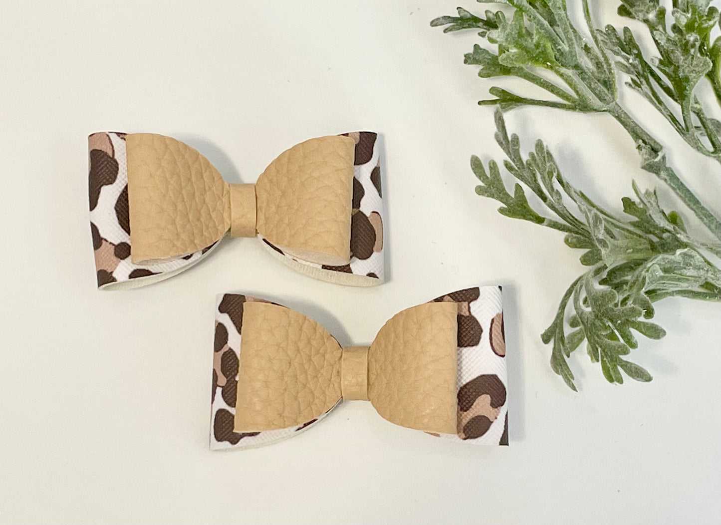 2-Layer Pigtail Bows - Leopard & Beige