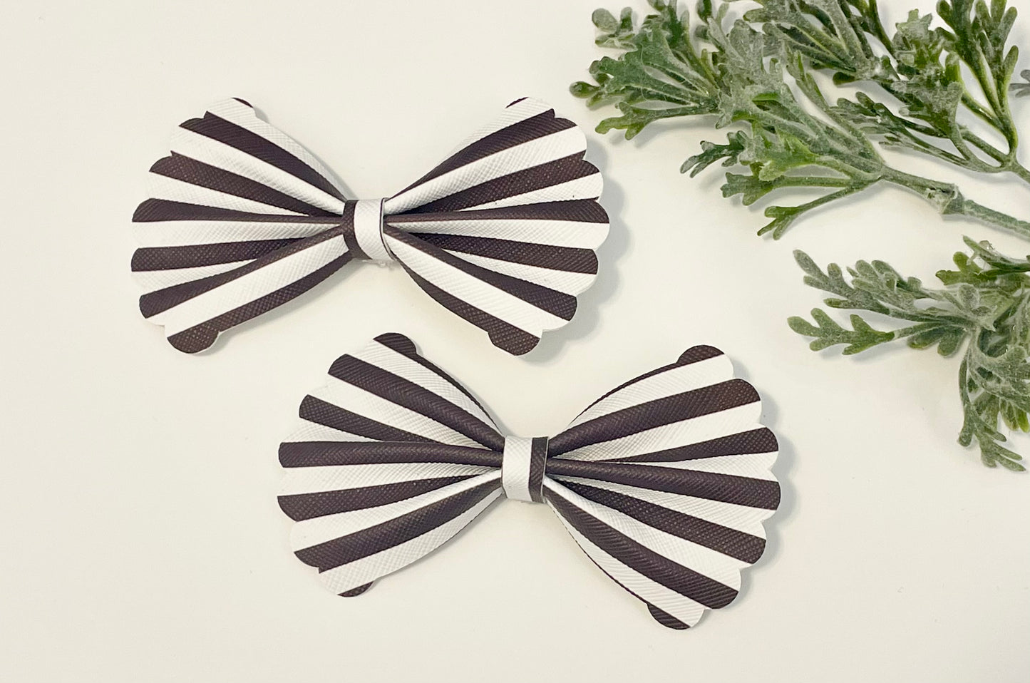 Bowtie Hair Bow with Scalloped Edges - Black & White Stripes