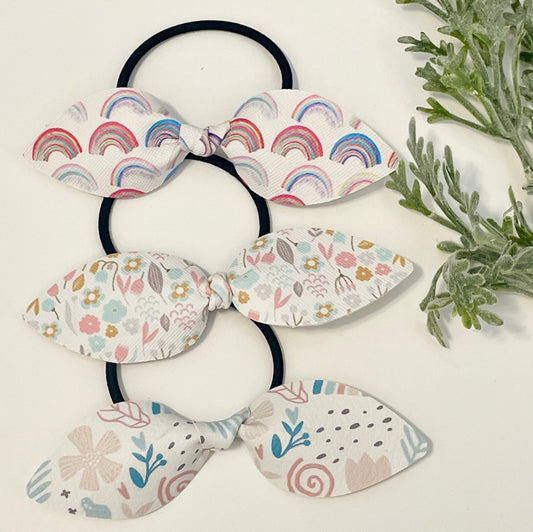 Leatherette Knotted Bow Hair Ties - Rainbow & Pastel Floral Prints